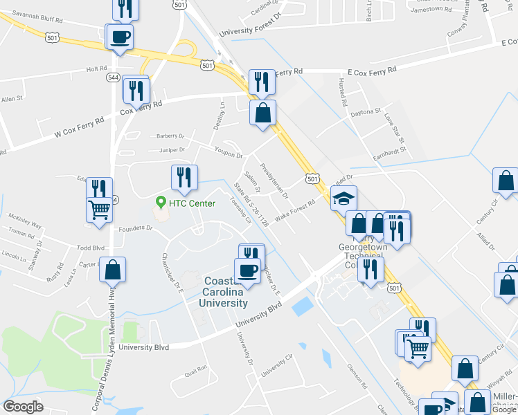 map of restaurants, bars, coffee shops, grocery stores, and more near 5103 Converse Drive in Conway
