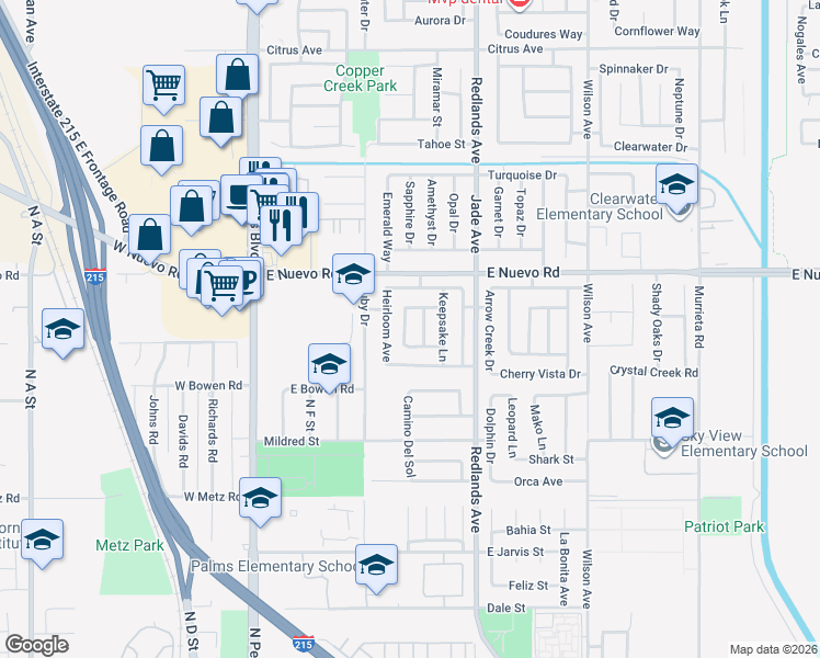 map of restaurants, bars, coffee shops, grocery stores, and more near 1491 Portrait Street in Perris