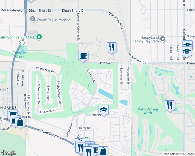 map of restaurants, bars, coffee shops, grocery stores, and more near 6025 Arroyo Road in Palm Springs