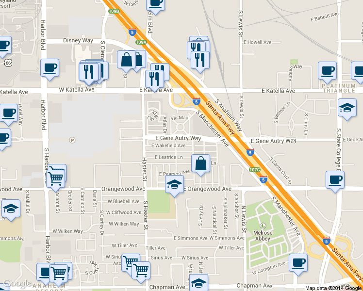 map of restaurants, bars, coffee shops, grocery stores, and more near 319 East Wakefield Avenue in Anaheim