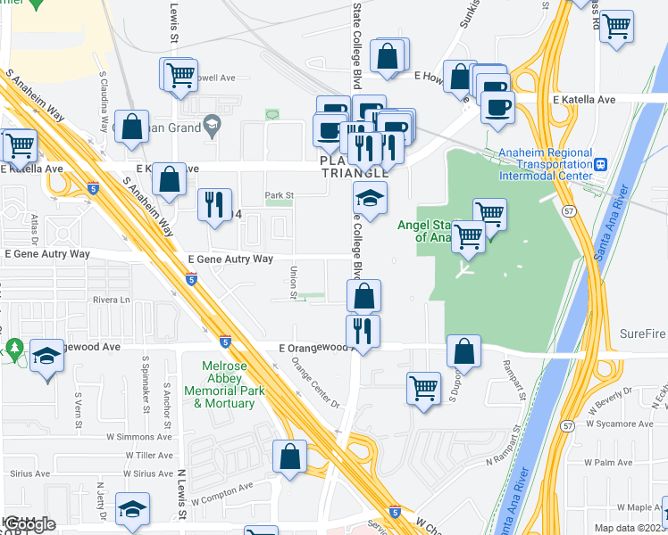 map of restaurants, bars, coffee shops, grocery stores, and more near 1910 East Gene Autry Way in Anaheim