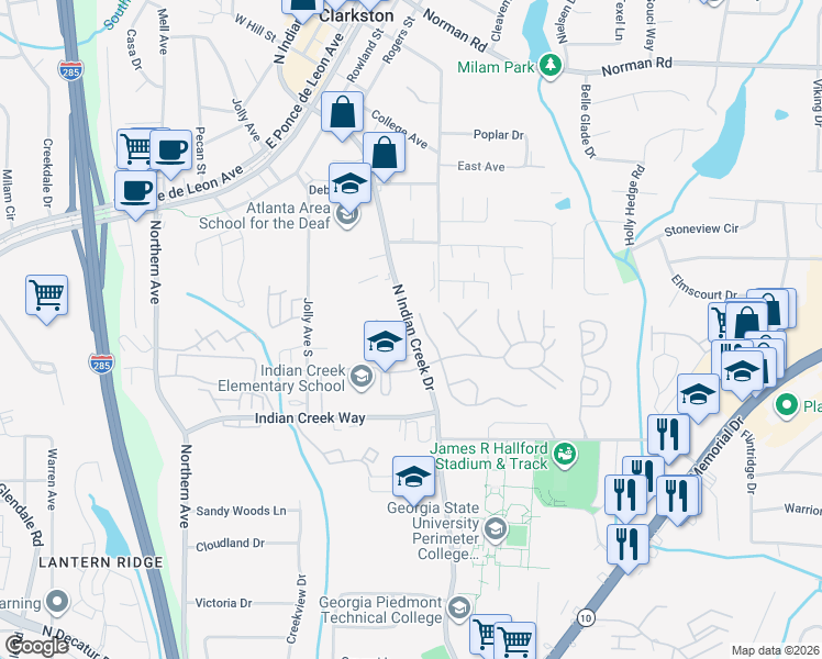 map of restaurants, bars, coffee shops, grocery stores, and more near North Indian Creek Drive in Clarkston
