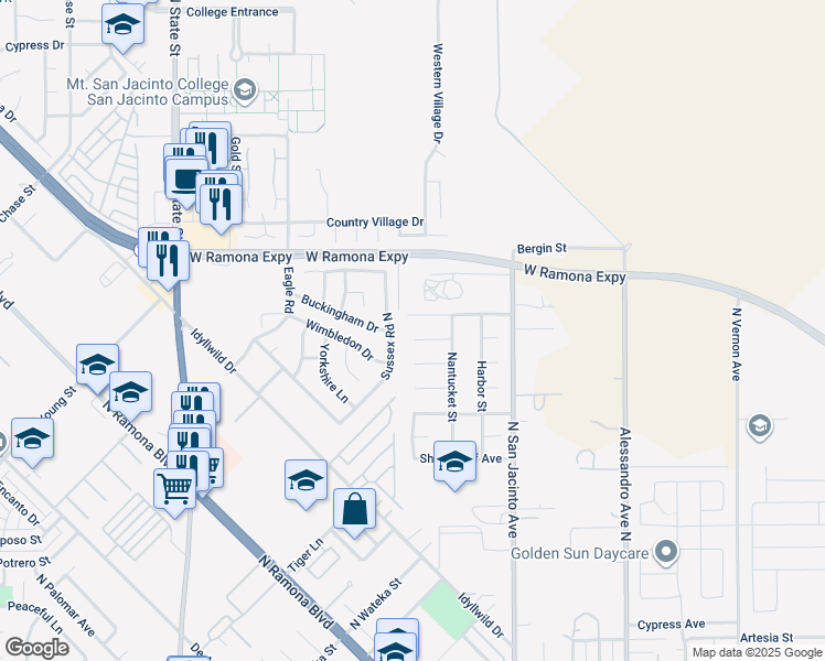 map of restaurants, bars, coffee shops, grocery stores, and more near 283 Captains Court in San Jacinto