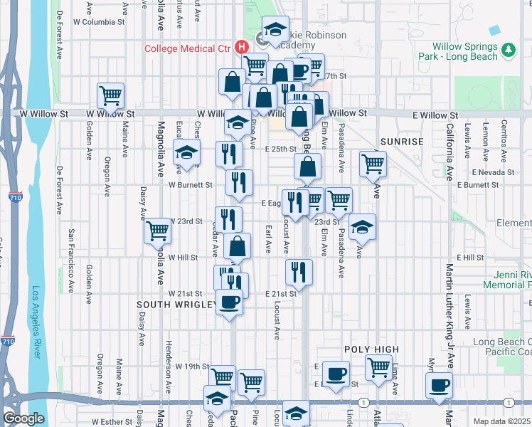 map of restaurants, bars, coffee shops, grocery stores, and more near 2315 Earl Avenue in Long Beach