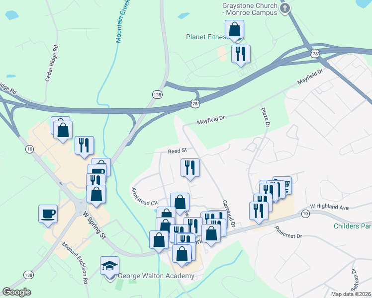 map of restaurants, bars, coffee shops, grocery stores, and more near 703 Reed Street in Monroe