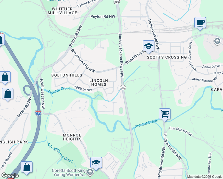 map of restaurants, bars, coffee shops, grocery stores, and more near 2720 Argyle Drive Northwest in Atlanta