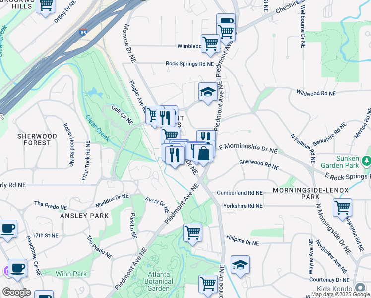 map of restaurants, bars, coffee shops, grocery stores, and more near 1629 Monroe Drive Northeast in Atlanta