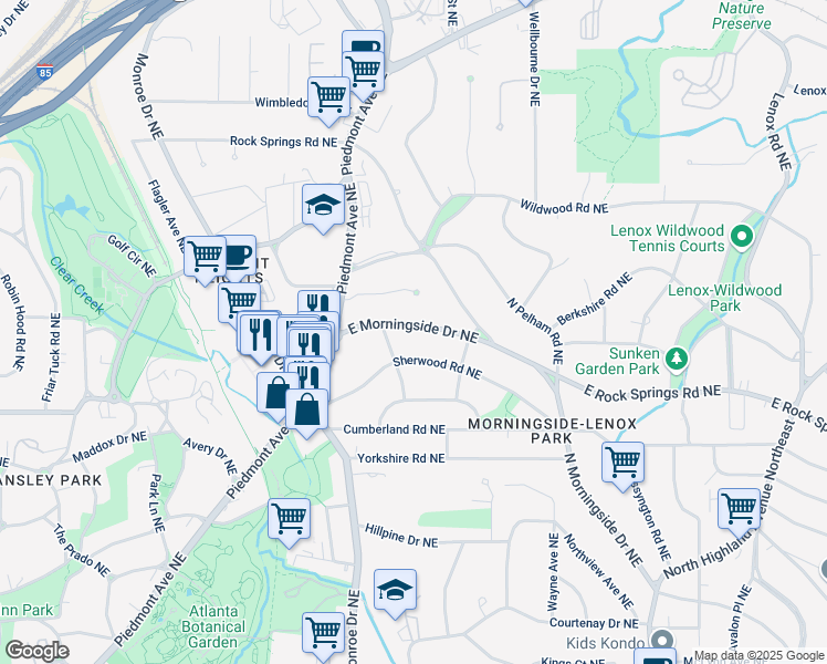 map of restaurants, bars, coffee shops, grocery stores, and more near 685 East Morningside Drive Northeast in Atlanta