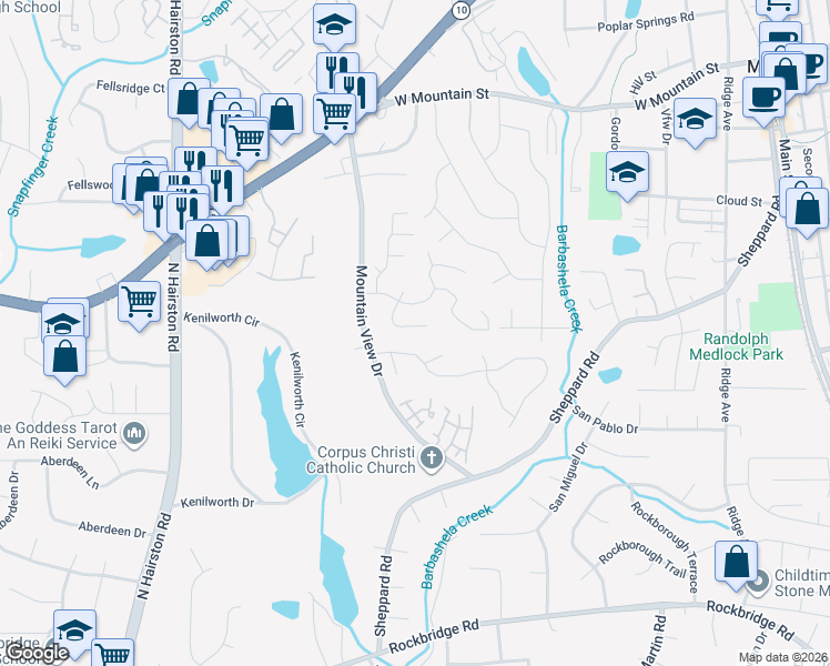 map of restaurants, bars, coffee shops, grocery stores, and more near 744 Brittany Court in Stone Mountain