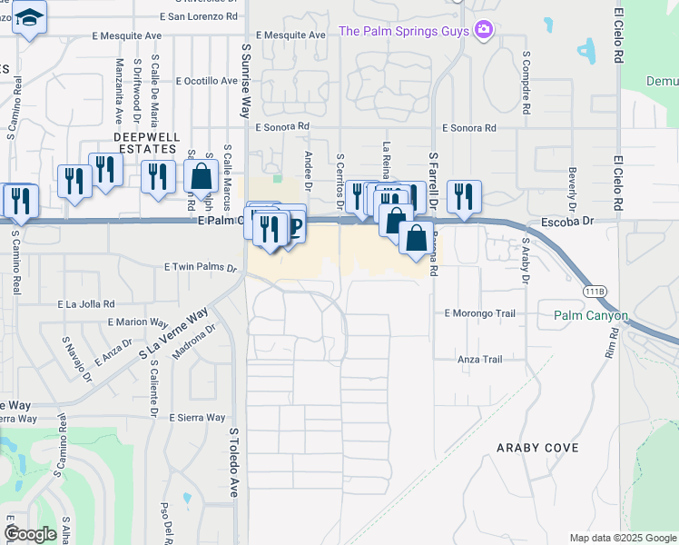map of restaurants, bars, coffee shops, grocery stores, and more near Smoke Tree Lane in Palm Springs