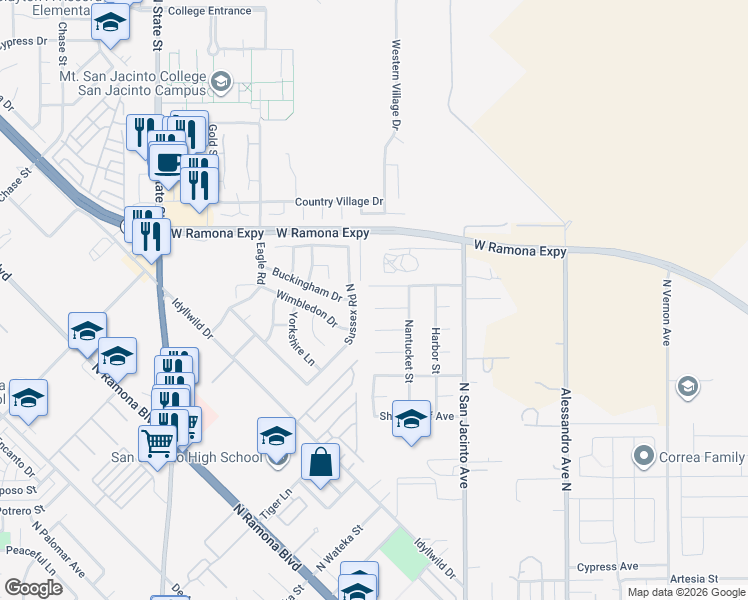 map of restaurants, bars, coffee shops, grocery stores, and more near 283 Captains Court in San Jacinto