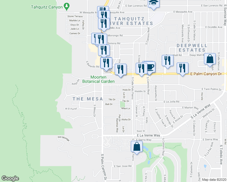 map of restaurants, bars, coffee shops, grocery stores, and more near 249 East Twin Palms Drive in Palm Springs