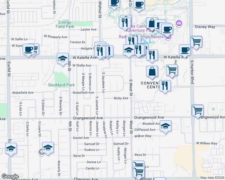 map of restaurants, bars, coffee shops, grocery stores, and more near 1934 South Robert Lane in Anaheim