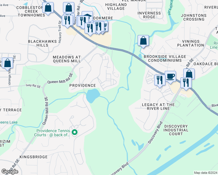 map of restaurants, bars, coffee shops, grocery stores, and more near 6421 Queens Court Trace in Mableton