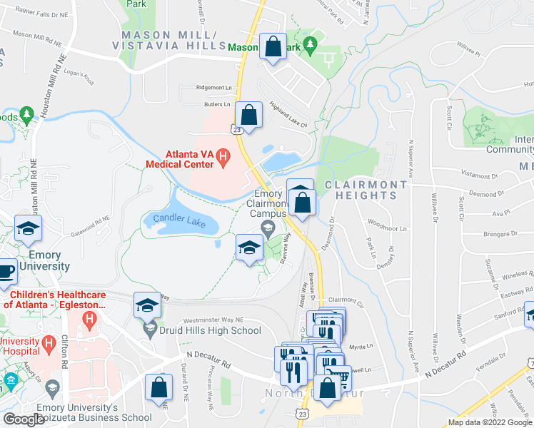 map of restaurants, bars, coffee shops, grocery stores, and more near 1551 Shoup Court in Decatur