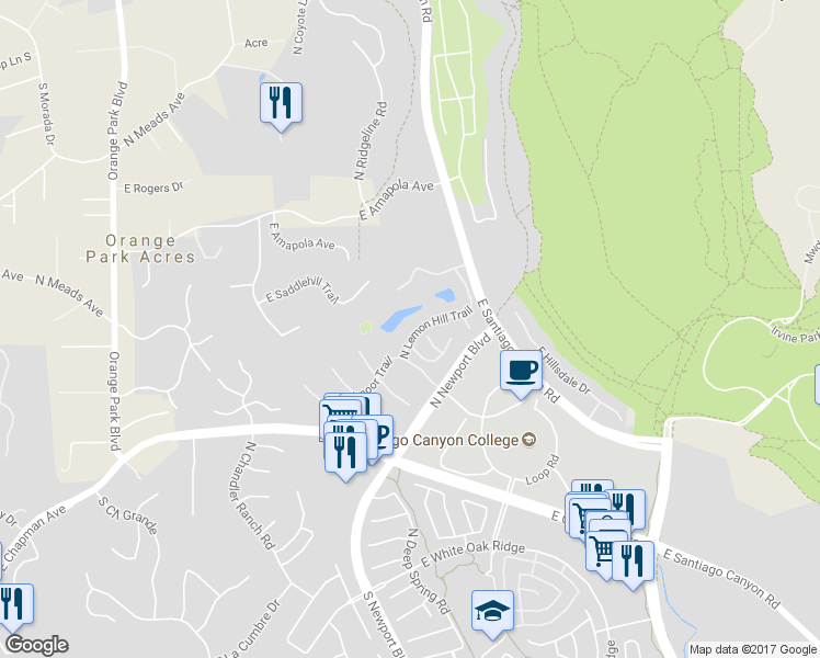 map of restaurants, bars, coffee shops, grocery stores, and more near 664 North Lemon Hill Trail in Orange