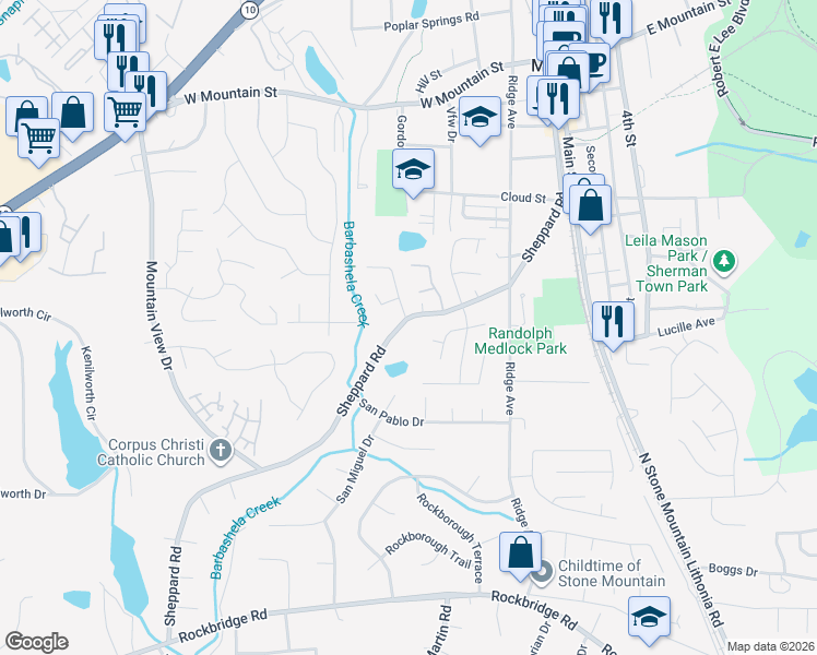 map of restaurants, bars, coffee shops, grocery stores, and more near 798 Sheppard Road in Stone Mountain