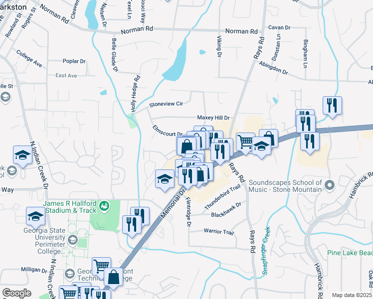 map of restaurants, bars, coffee shops, grocery stores, and more near 6920 Baynes Court in Clarkston