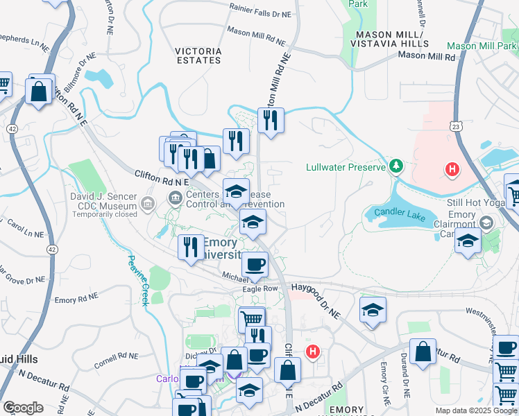 map of restaurants, bars, coffee shops, grocery stores, and more near 954 North Gatewood Road Northeast in Atlanta