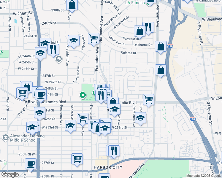 map of restaurants, bars, coffee shops, grocery stores, and more near 24847 Whaler Way in West Carson