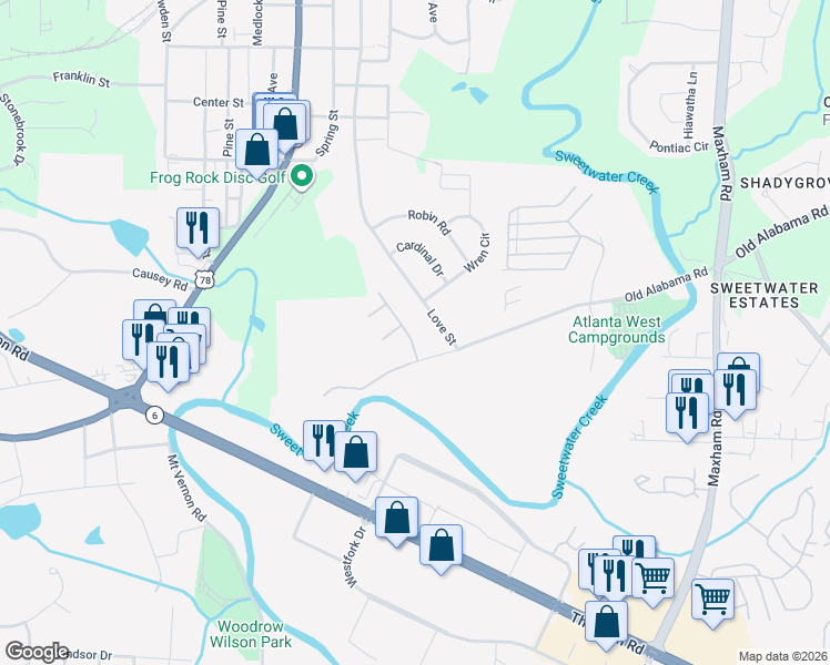 map of restaurants, bars, coffee shops, grocery stores, and more near 6330 Love Street in Austell