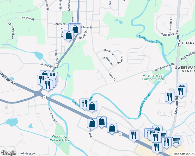 map of restaurants, bars, coffee shops, grocery stores, and more near 1798 Gold Finch Way in Austell