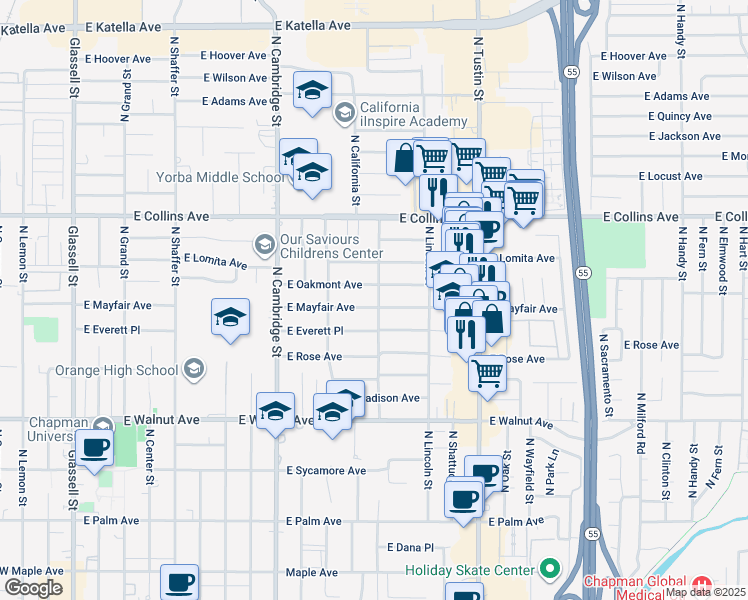 map of restaurants, bars, coffee shops, grocery stores, and more near 1241 East Mayfair Avenue in Orange