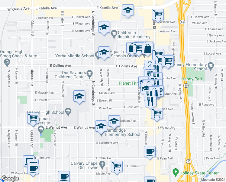 map of restaurants, bars, coffee shops, grocery stores, and more near 1125 East Mayfair Avenue in Orange