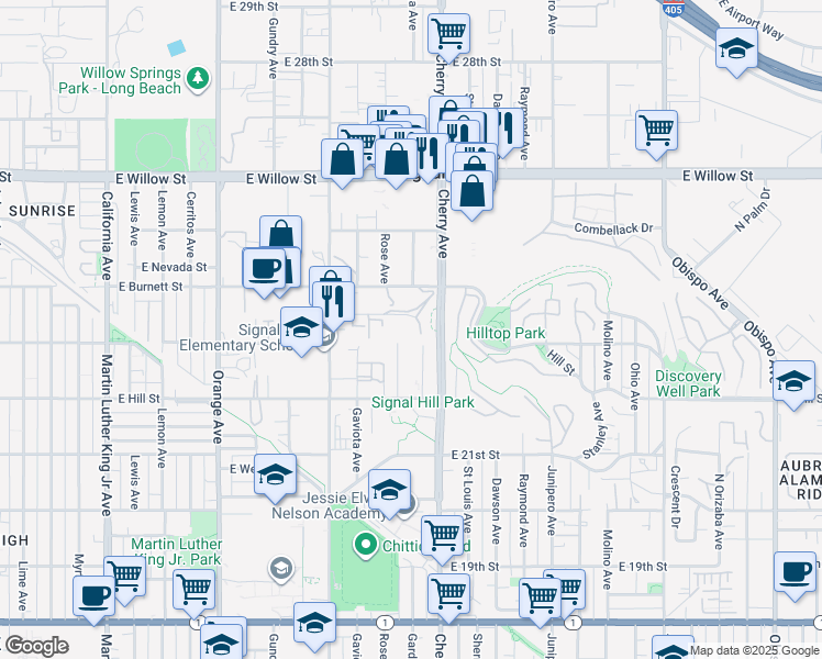 map of restaurants, bars, coffee shops, grocery stores, and more near 1900 East Creston Avenue in Signal Hill