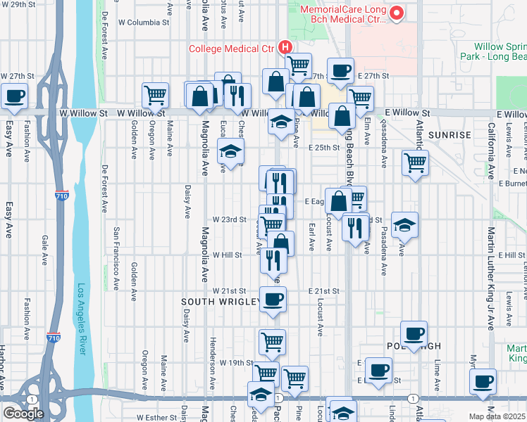 map of restaurants, bars, coffee shops, grocery stores, and more near 2316 Cedar Avenue in Long Beach