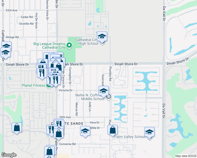 map of restaurants, bars, coffee shops, grocery stores, and more near 34320 Linda Way in Cathedral City