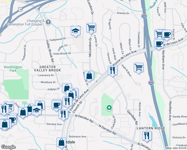 map of restaurants, bars, coffee shops, grocery stores, and more near 756 McLendon Drive in Scottdale
