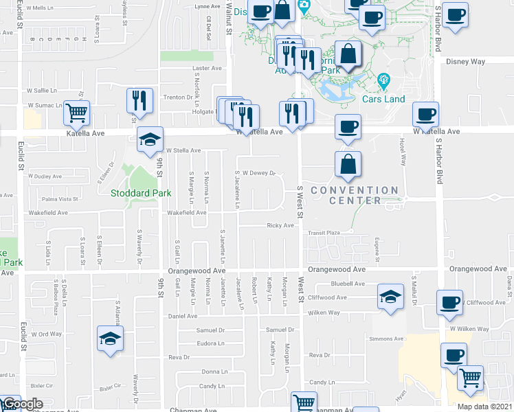map of restaurants, bars, coffee shops, grocery stores, and more near 1934 South Robert Lane in Anaheim