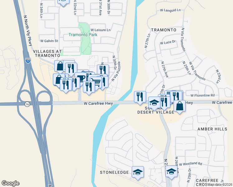 map of restaurants, bars, coffee shops, grocery stores, and more near 34723 North 30th Avenue in Phoenix