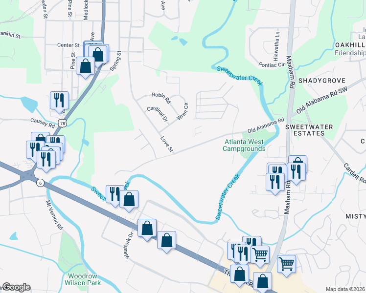 map of restaurants, bars, coffee shops, grocery stores, and more near 2579 Old Alabama Road in Austell