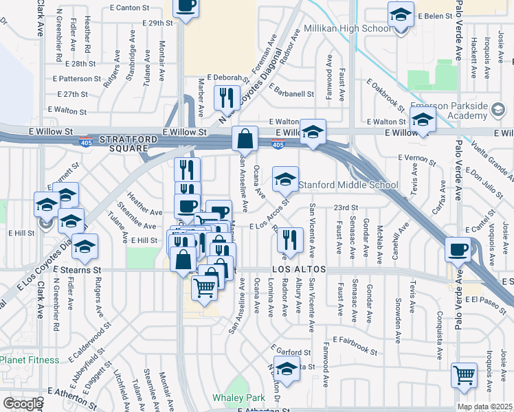 map of restaurants, bars, coffee shops, grocery stores, and more near 5741 East 23rd Street in Long Beach