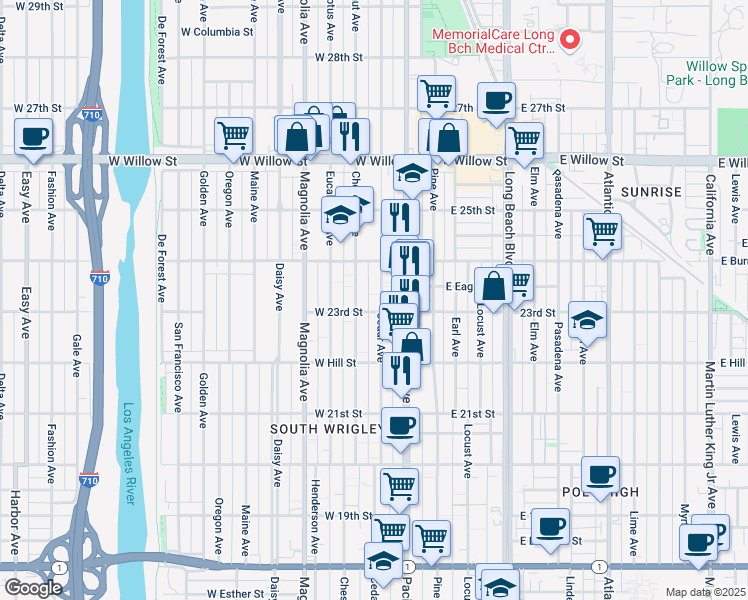 map of restaurants, bars, coffee shops, grocery stores, and more near 2317 Cedar Avenue in Long Beach