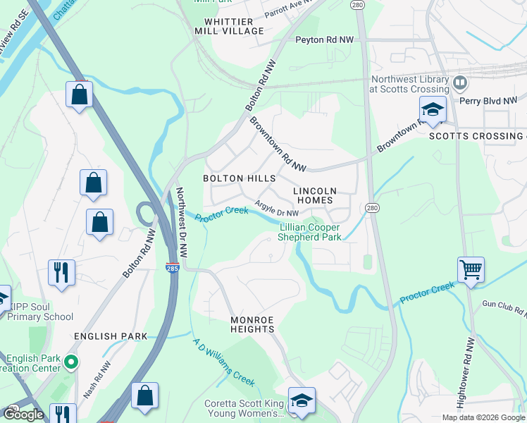 map of restaurants, bars, coffee shops, grocery stores, and more near 2885 Argyle Drive Northwest in Atlanta