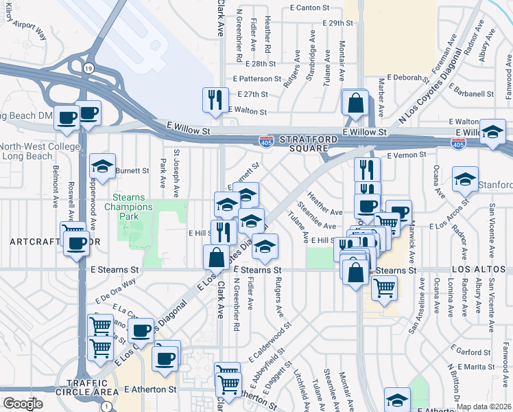 map of restaurants, bars, coffee shops, grocery stores, and more near 2353 Stanbridge Avenue in Long Beach