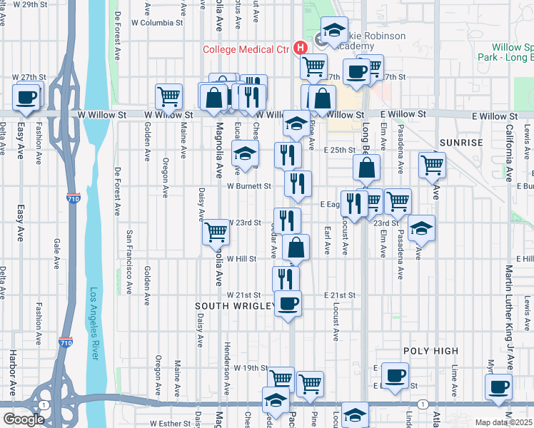 map of restaurants, bars, coffee shops, grocery stores, and more near 2317 Cedar Avenue in Long Beach