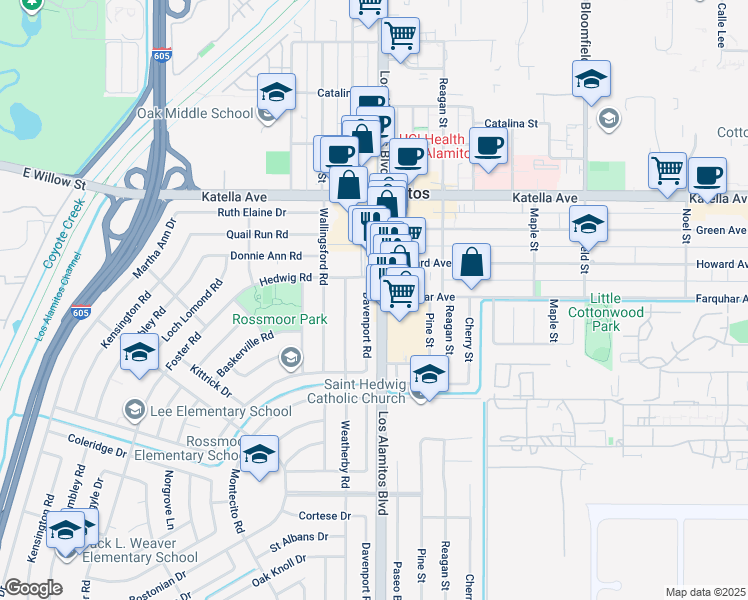 map of restaurants, bars, coffee shops, grocery stores, and more near 11252 Davenport Road in Los Alamitos