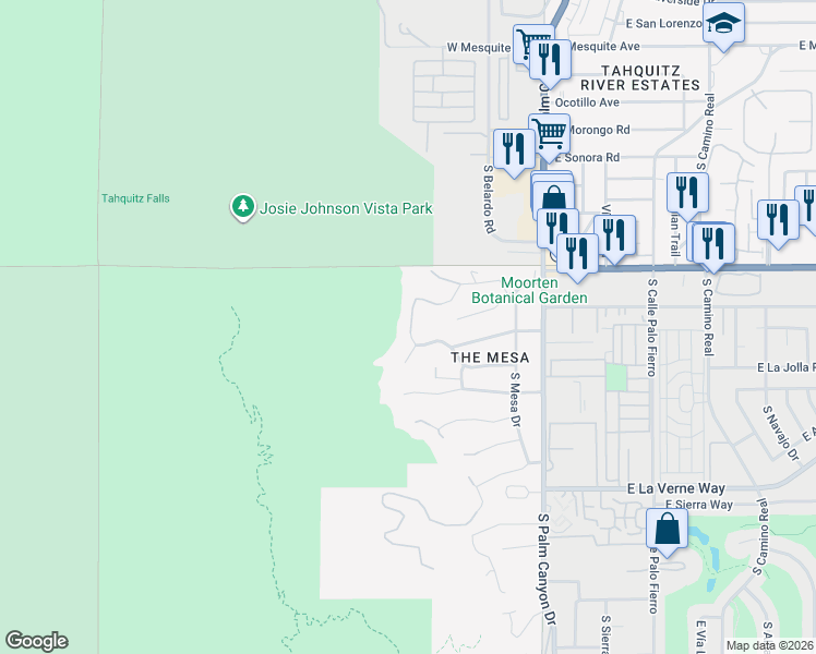 map of restaurants, bars, coffee shops, grocery stores, and more near 1716 Ridge Road in Palm Springs