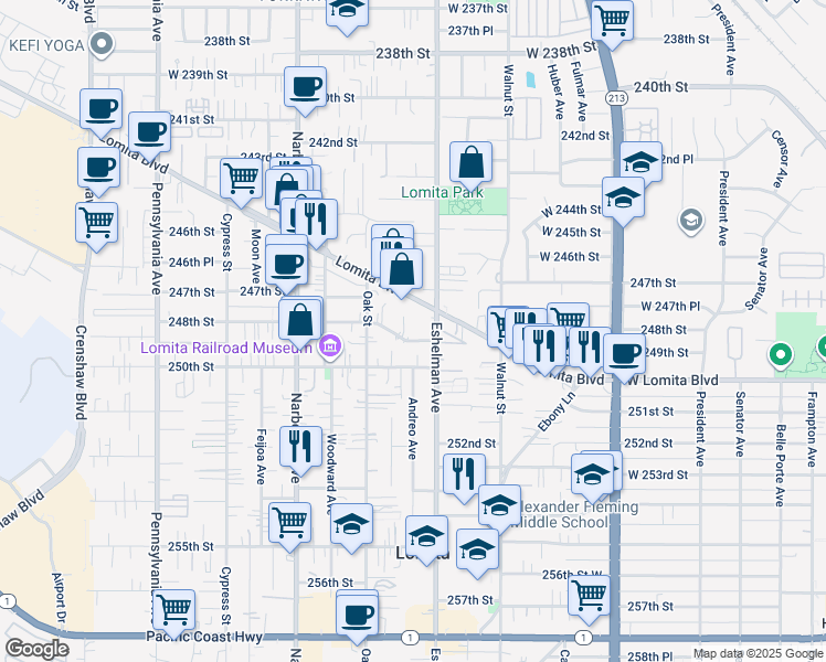 map of restaurants, bars, coffee shops, grocery stores, and more near 2027 248th Street in Lomita