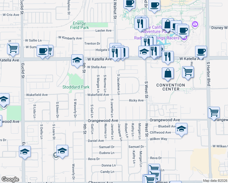 map of restaurants, bars, coffee shops, grocery stores, and more near 1926 South Janette Lane in Anaheim