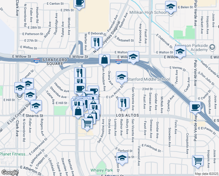 map of restaurants, bars, coffee shops, grocery stores, and more near 5741 East 23rd Street in Long Beach