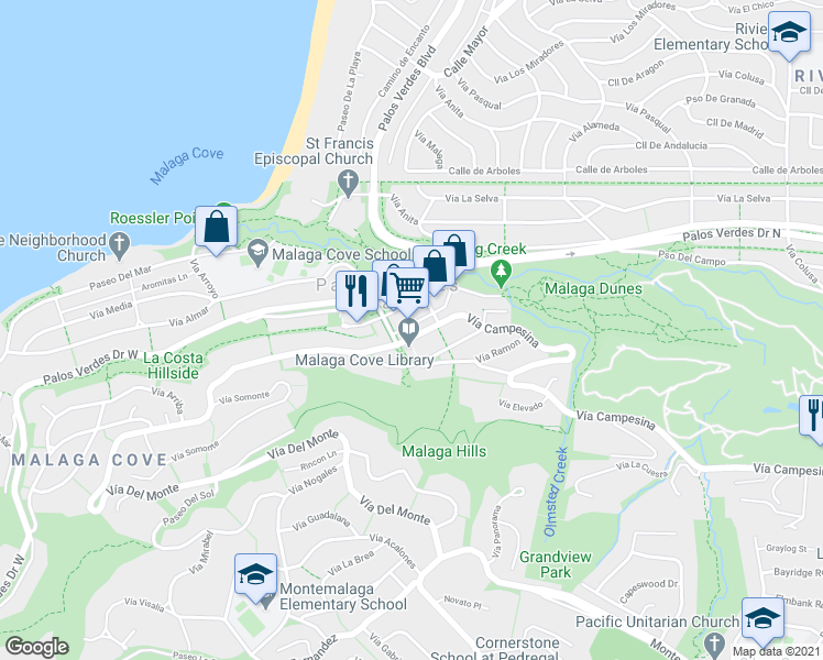 map of restaurants, bars, coffee shops, grocery stores, and more near 2417 Vía Campesina in Palos Verdes Estates