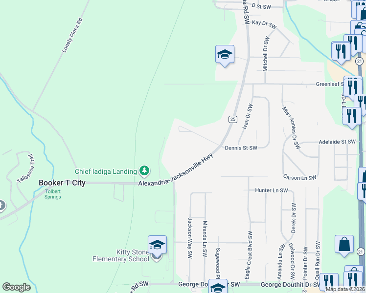 map of restaurants, bars, coffee shops, grocery stores, and more near 1007 Alexandria Road Southwest in Jacksonville