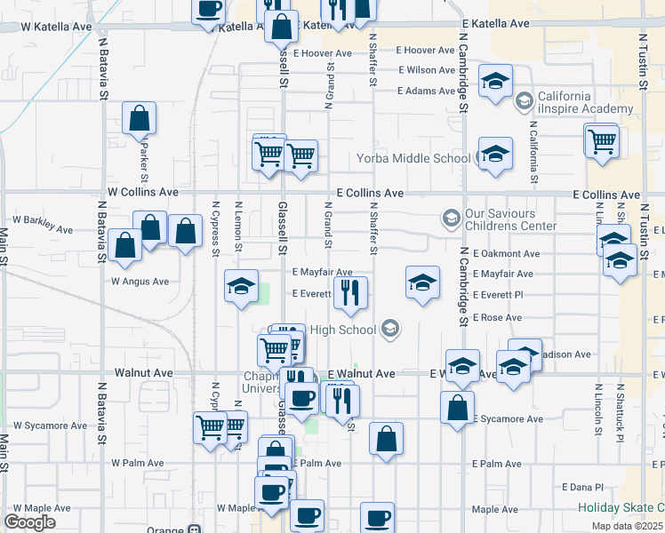 map of restaurants, bars, coffee shops, grocery stores, and more near 303 East Mayfair Avenue in Orange