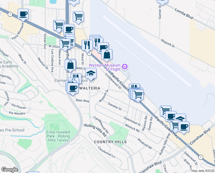 map of restaurants, bars, coffee shops, grocery stores, and more near 24459 Winlock Drive in Torrance