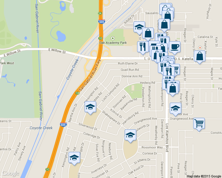 map of restaurants, bars, coffee shops, grocery stores, and more near 11301 Loch Lomond Road in Los Alamitos